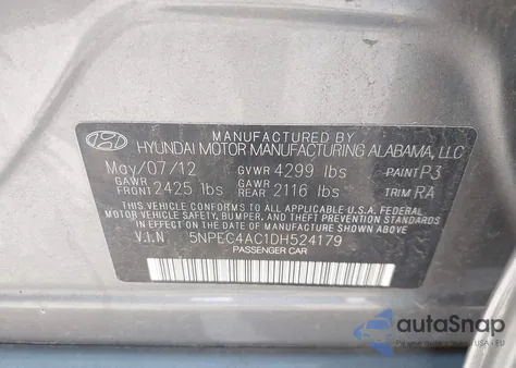 2013 Hyundai Sonata Se z USA, uszkodzony, nr VIN 5NPEC4AC1DH524179